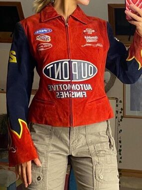Chase Authentics Red and Navy Racing Logo Bomber Jacket